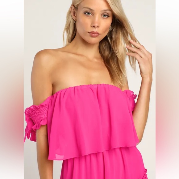 Lulus | Off Shoulder Tiered Ruffle Babydoll Mini Dress Hot‎ Pink Bow Tie Sleeves - Picture 9 of 12